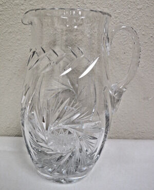 VTG Cut Glass Crystal Pitcher Pinwheel Starburst Design Water Jug 7" Unmarked